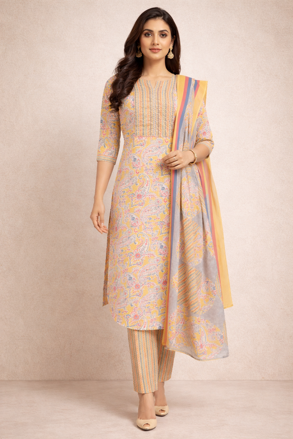 Elegant Pastel Yellow Cotton Printed Kurta Set with Dupatta